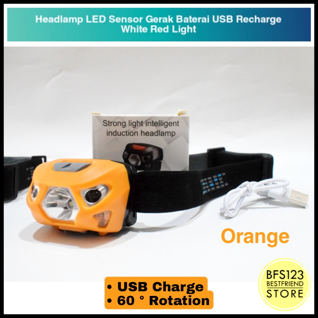 Headlamp LED Sensor Gerak Baterai USB Recharge White Red Light