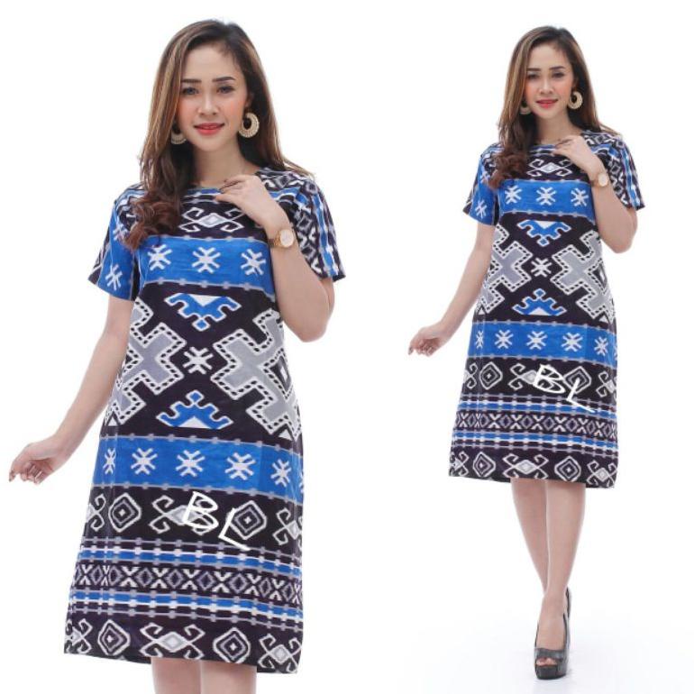 PRODUK- BAJU DRESS WANITA MODERN MODEL TERBARU MOTIF BATIK LENGAN PENDEK SELUTUT PARTY NATAL SERAGAM