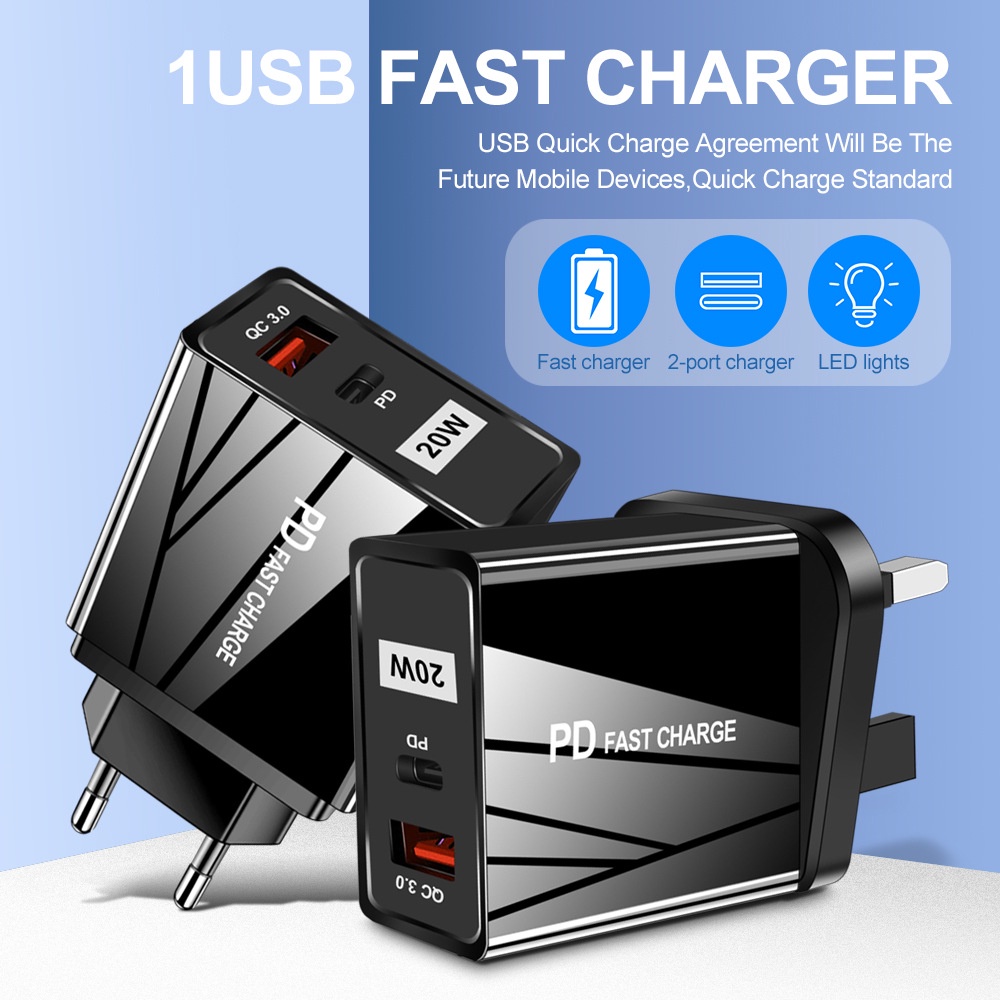 Adapter Power Charger QC3.0 + PD USB Fast Charging 5V / 9V / 12 Untuk Iphone / Android