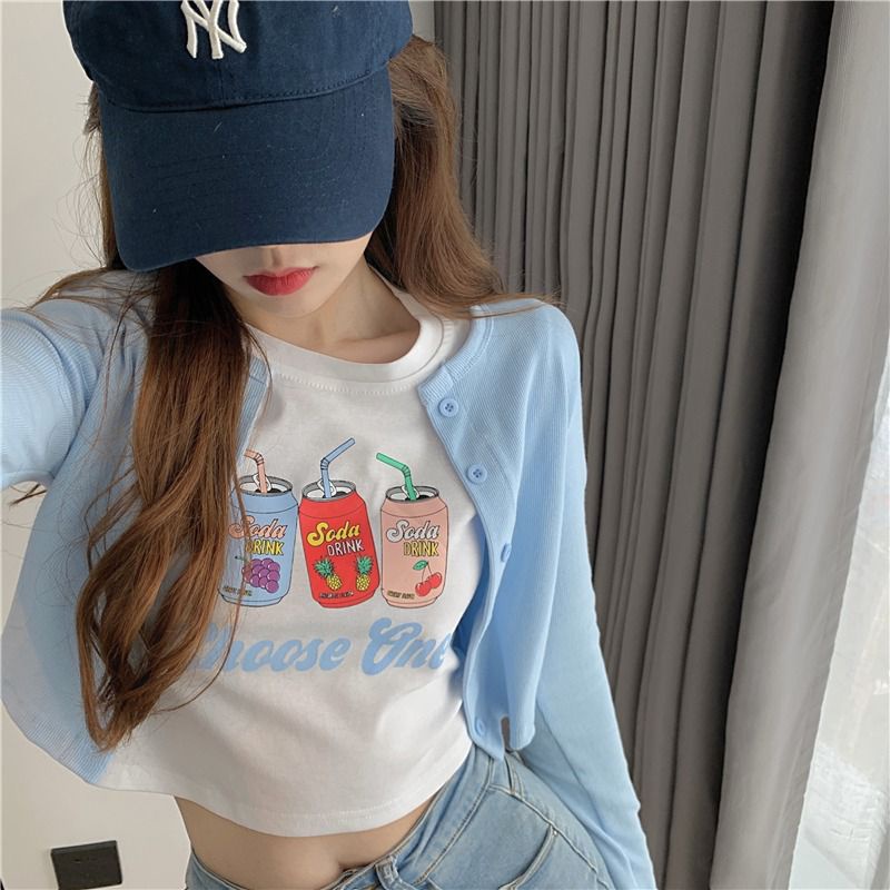 [littlecrab] Crop Top Fruit Soda Drink Choose One Hitam Putih Abu Sablon Colorful Berkualitas Simple Elegan Atasan Kaos Crop Unik Aesthetic Motif Minuman Kaleng Buah Grape Pineapple Cherry Korean Style