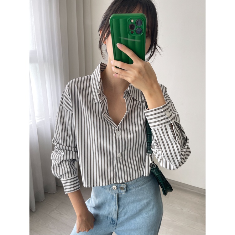 Kadaka T-0481 Crop Kemeja Wanita Stripes Tangan Panjang