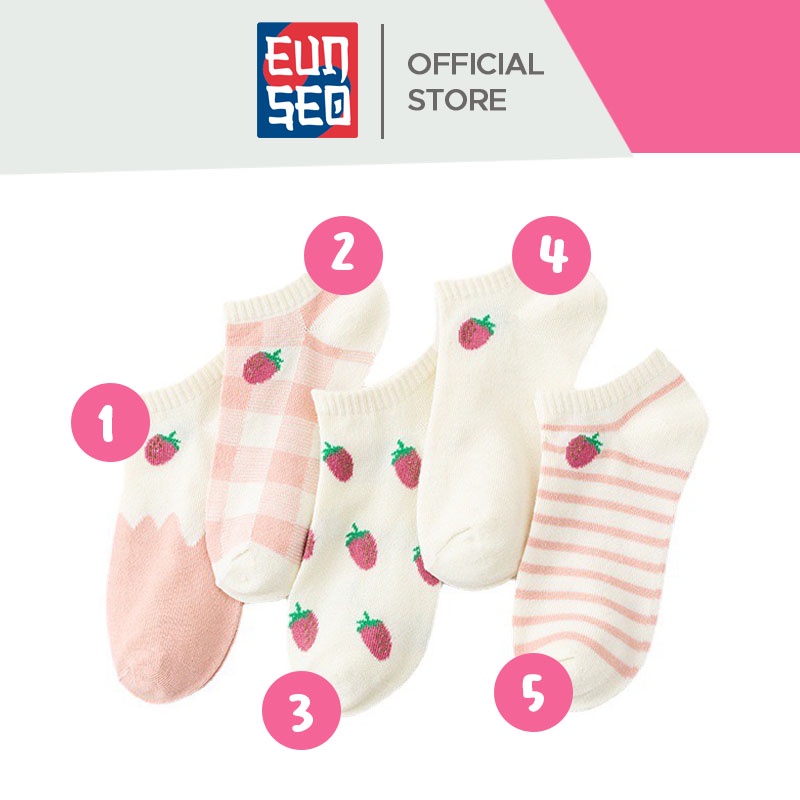 EUNSEO Kaos Kaki Semata Kaki Pendek Fashion Korea Motif Strawberry Merah Kaoskaki Pendek Wanita Premium