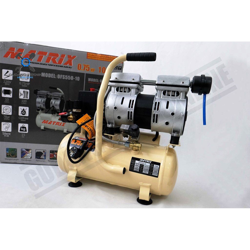 Kompresor Oilless 3/4 HP 10 Liter Silent OFS550 MATRIX / Compressor Oiless 0.75 HP 10Liter Silent OFS 550 MATRIX