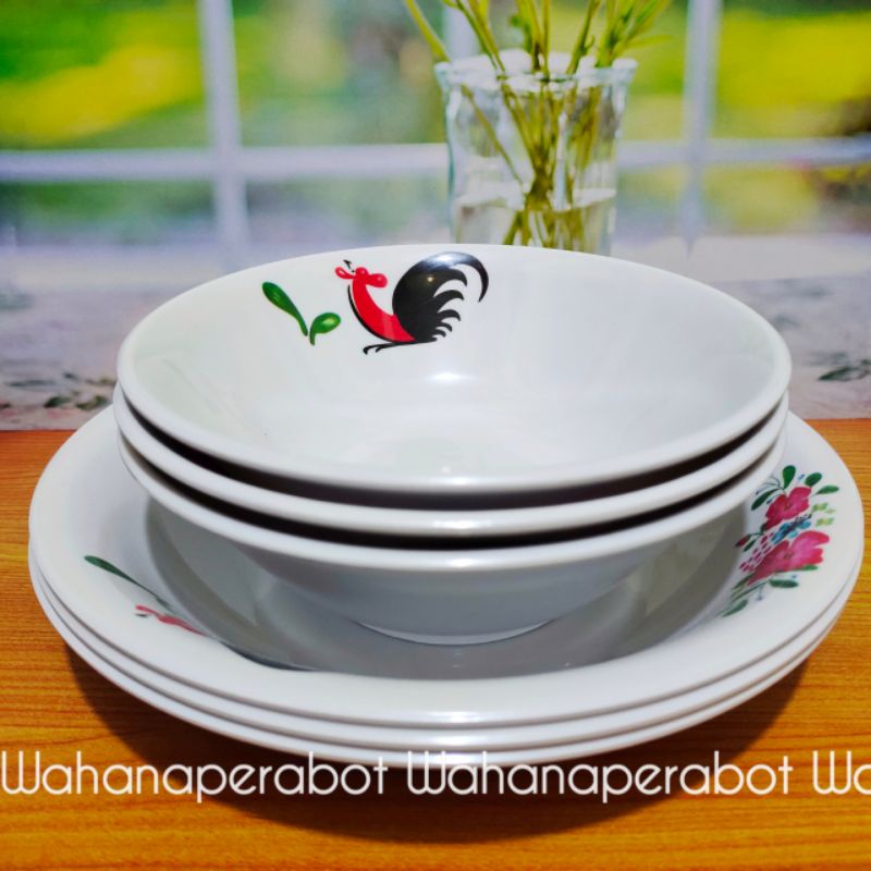 PROMO PAKET PIRING DAN MANGKOK MELAMIN MOTIF AYAM JAGO GRATISS SENDOK