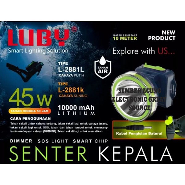 Luby L2881 L2881L Senter Kepala Selam 45W Tahan 50Jam 10000mAh