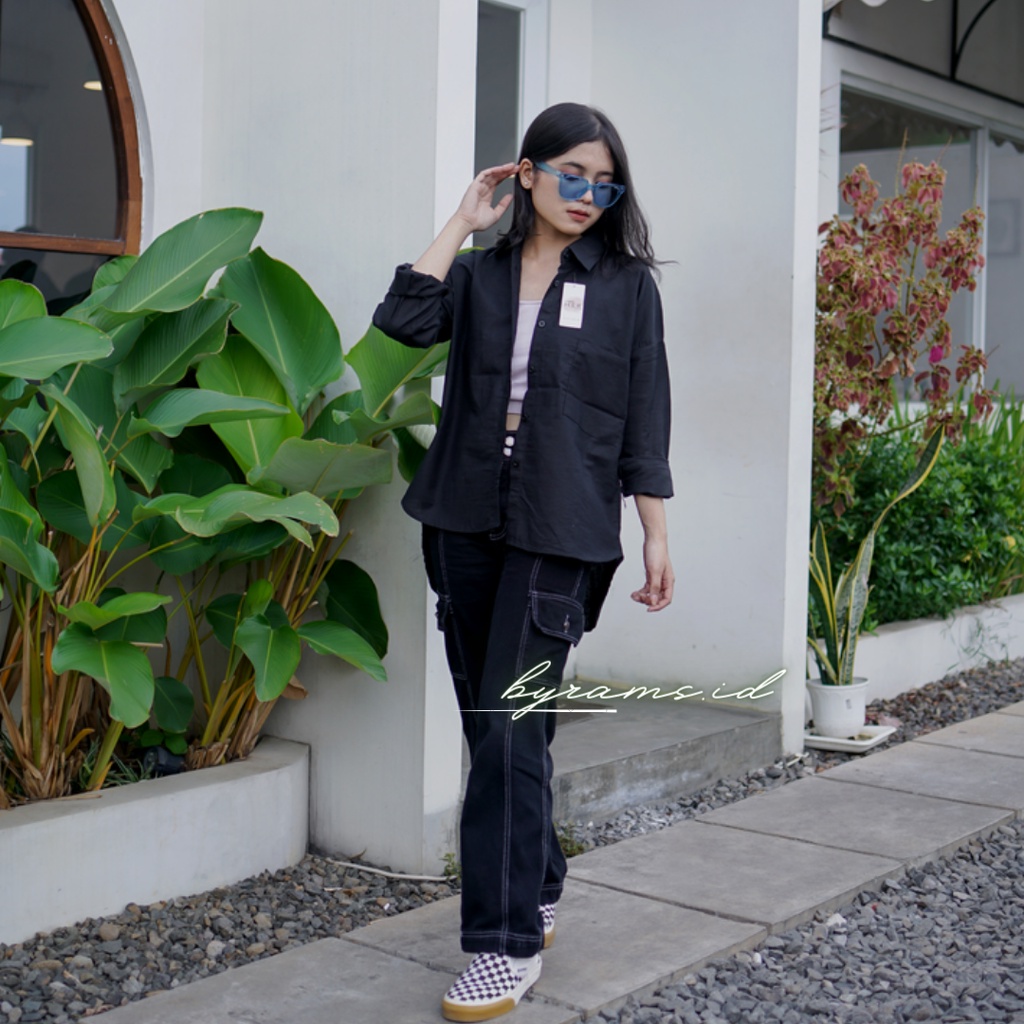 Kemeja Wanita Oversize Linen Olivia Shirt Linen Pocket Oversize-HITAM