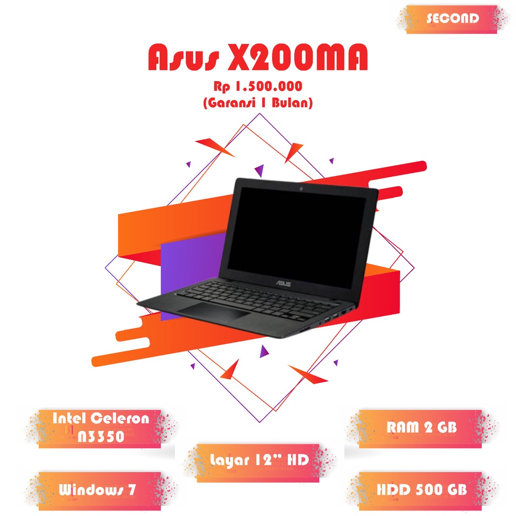 Netbook Asus X200M ram 2gb harddisk 500gb bisa upgrade ssd layar 12in slim ringan 1 jutaan lancar