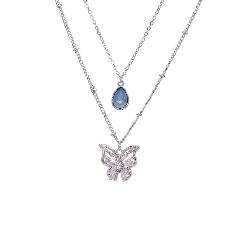 Kalung Rantai Klavikula Desain Kupu-Kupu Water Drop Bahan Zirkon Warna Biru Untuk Aksesoris