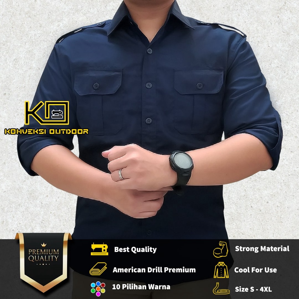 BAJU KEMEJA PDL LAPANGAN OUTDOOR INDOOR PRIA LENGAN PANJANG - Seragam Kerja Kantor Group Kemeja Lapangan Outdoor Gunung Taktikal Comunitas Kemeja Dinas PDH PNS Cargo Safari Paspampres Security Satpam Tactical Americand Drill American America - Warna Navy