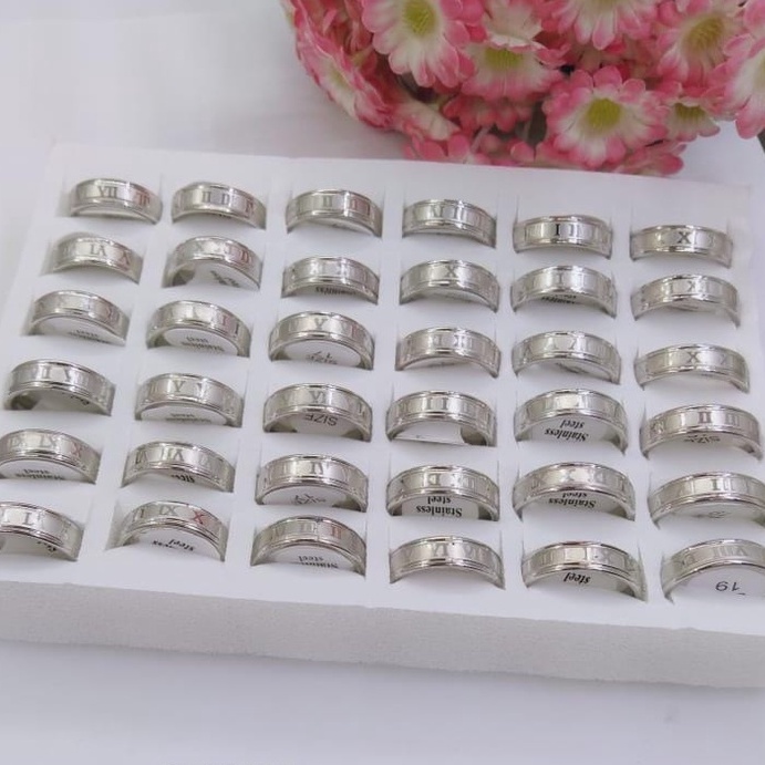 CINCIN TITANIUM 1 BOX ISI 36 PCS UKURAN 16 SAMPAI 19 / MOTIF SILVER ANGKA ROMAWI / DUNIAGELANG