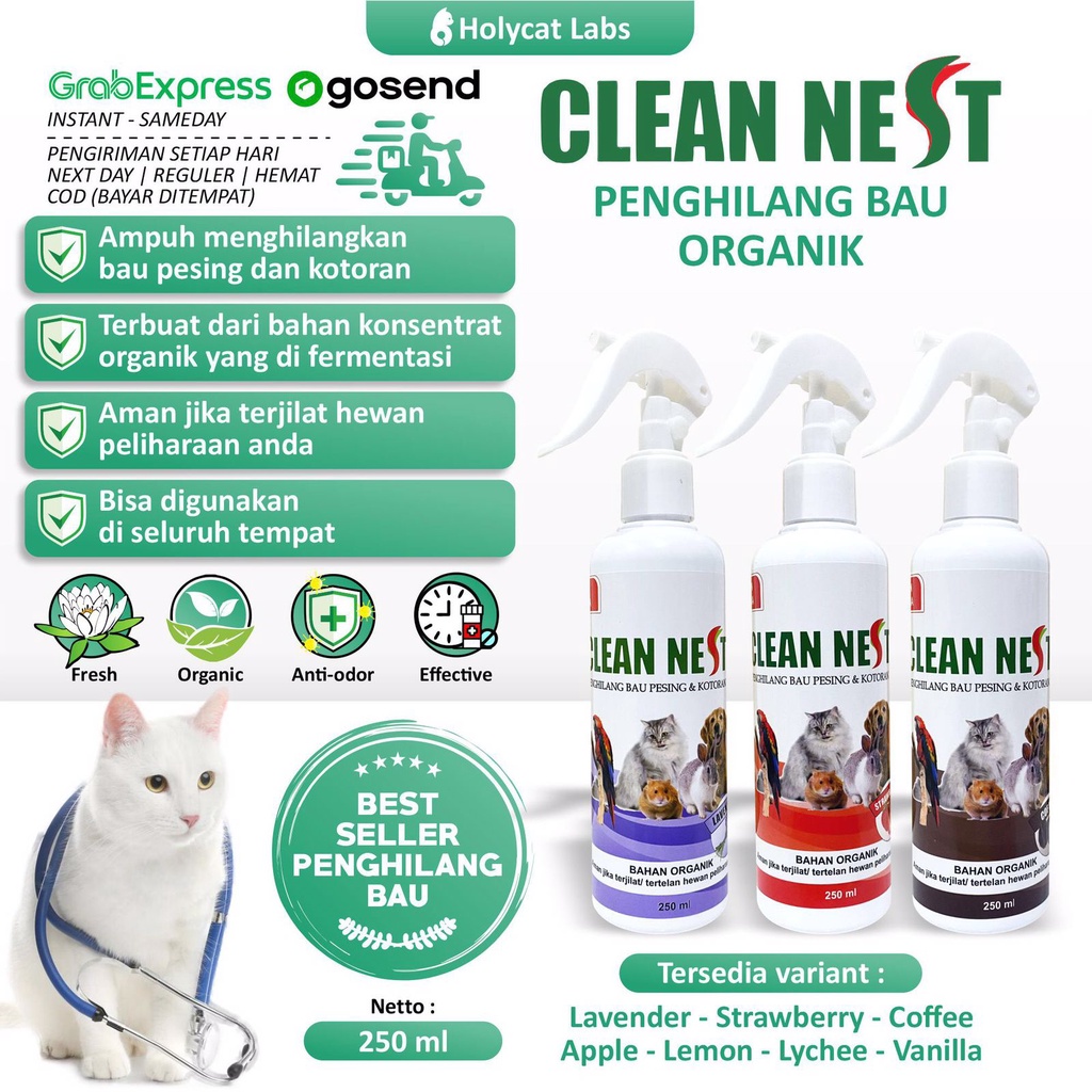 Clean nest 250 ml pengilang bau kandang, bau pesing kucing, anjing, kelinci