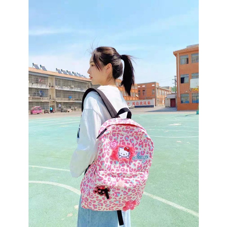 Sera Asli Y2K Milenial Lucu KTM Ransel Pink Leopard Cetak Tas Sekolah Niche Kartun Anime Ritsleting Ransel Kasual