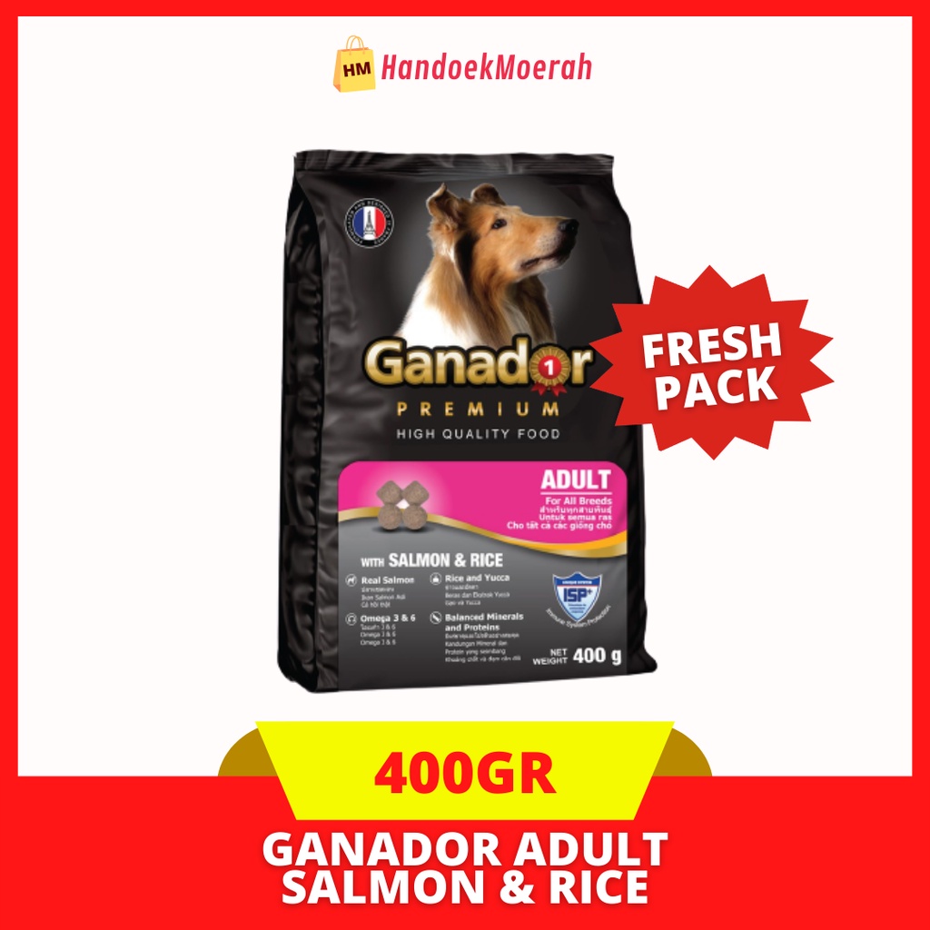 (Freshpack) Makanan Anjing Kering GANADOR Premium Adult Salmon &amp; Rice 400 Gram / Dry Dog Food Murah
