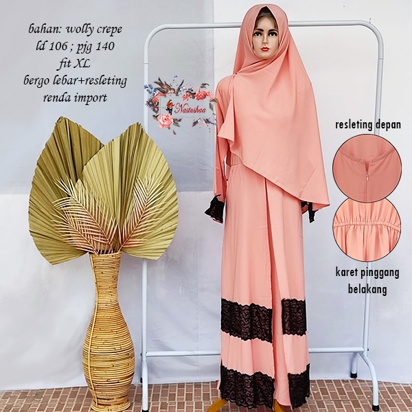 GAMIS SYARI + BERGO - MAXY WANITA BAHAN WOLLYCREPE  AKSEN RENDA - BAJU GAMIS LAYER DEPAN FIT XL TERBARU GAMIS SALEM POLOS