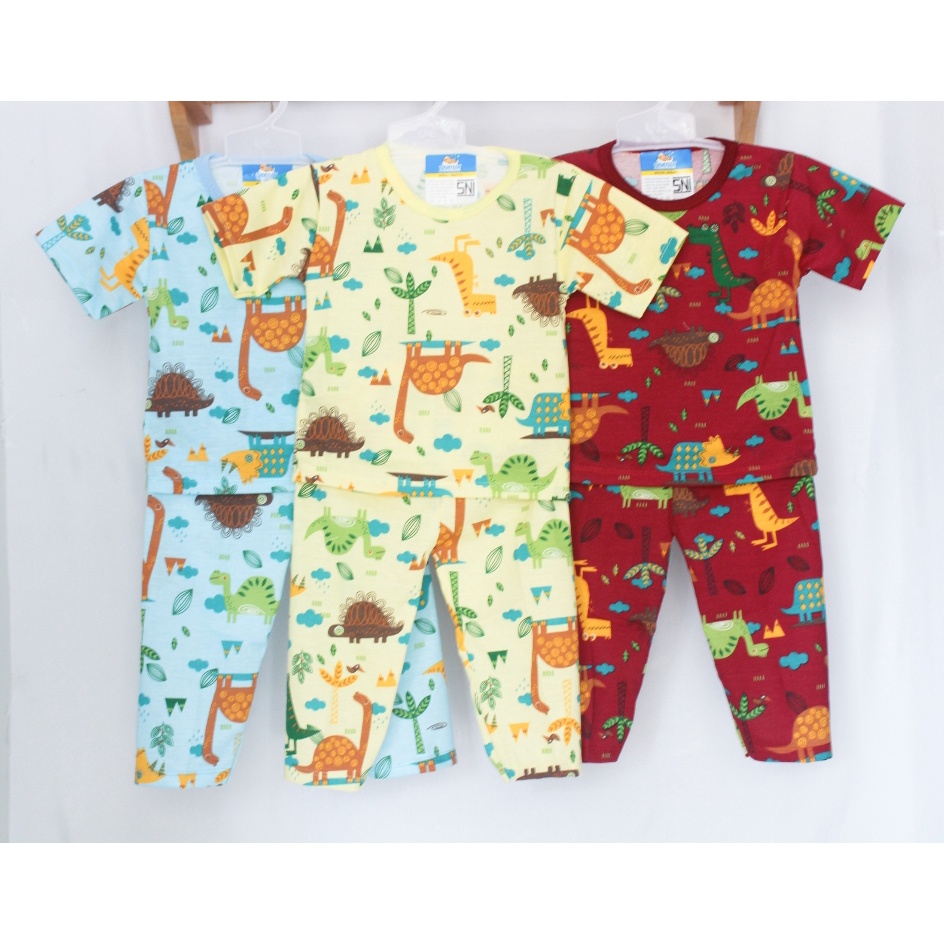 Setelan baju bayi laki laki usia 6-12bulan baju bayi motif dino lengan pendek celana panjang kaos ba
