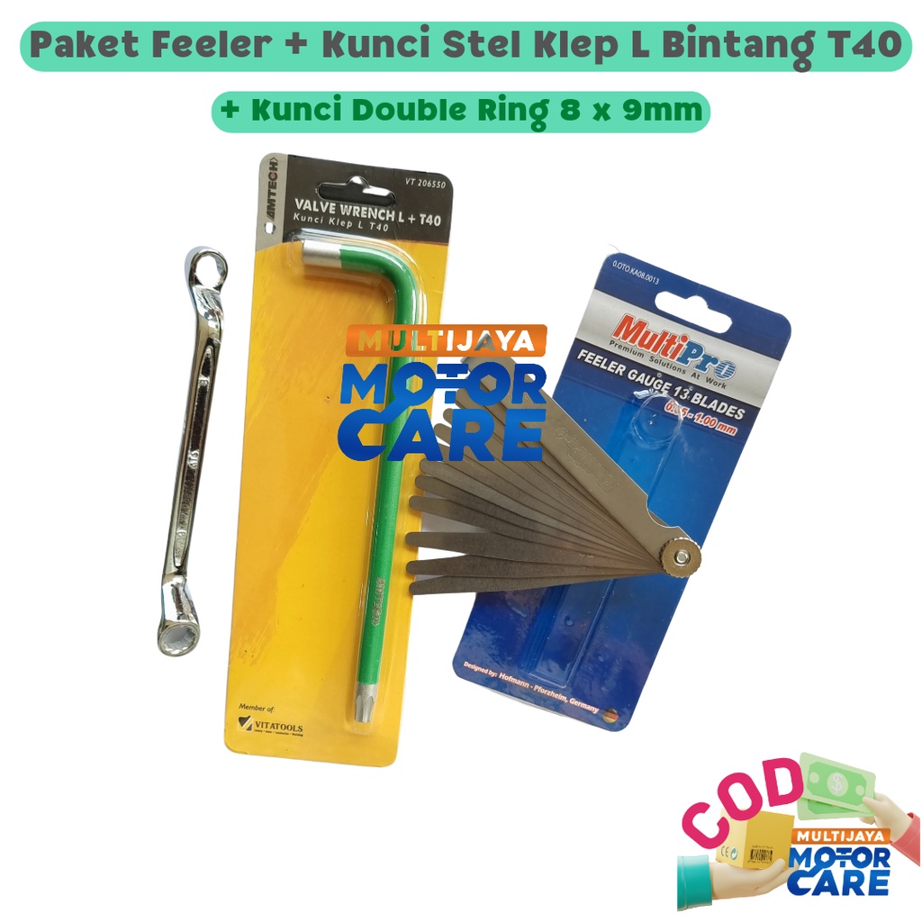 Paket 3 Pcs Feeler Gauge +  Stel Klep L Bintang T40 + Kunci Double Ring 8 x 9 mm