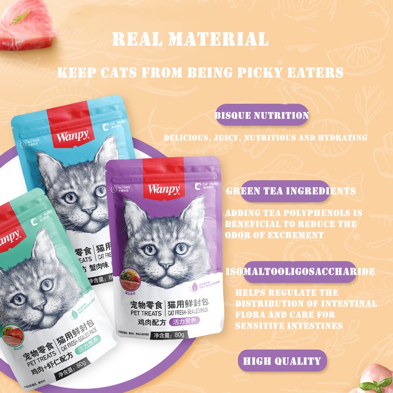 Wanpy 80g Snack kucing Snack Hwan Peliharaan Cat Strip Cat Wet Food Paket Daging Segar Camilan Kucing Berkualitas Tinggi