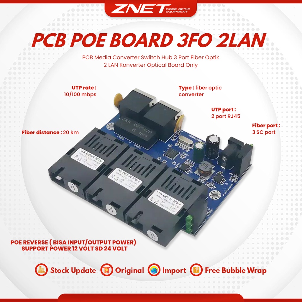 NEW PCB POE REVERSE 3FO 2 LAN Media Converter Switch Hub 3 Port Fiber Optik 2 LAN Konverter Optical