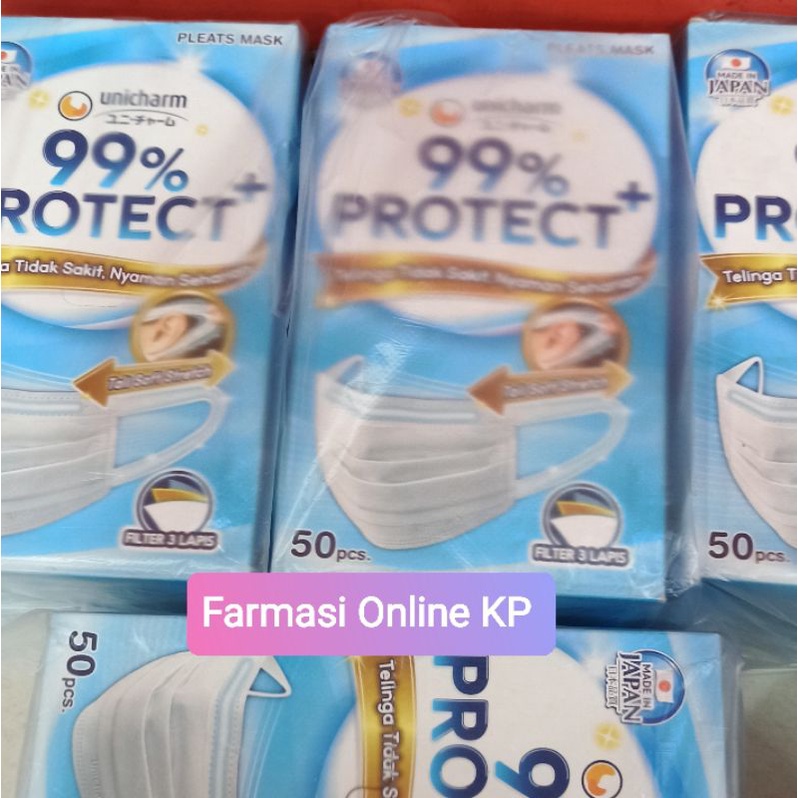 UNICHARM 99% Protect+ Pleats Mask M 50 Pcs Masker Premium Nyaman Earloop Murah COD