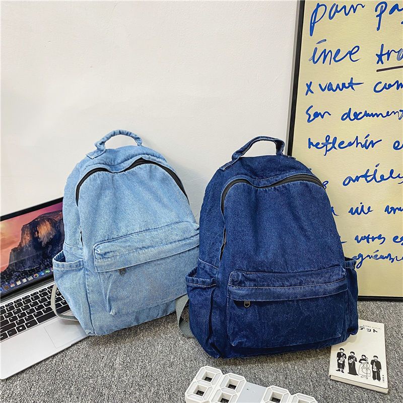 Sera Vintage Dicuci Ransel Denim Retro Tas Sekolah Kapasitas Besar Wanita SMA Mahasiswa Korea Tas Travel Pasang