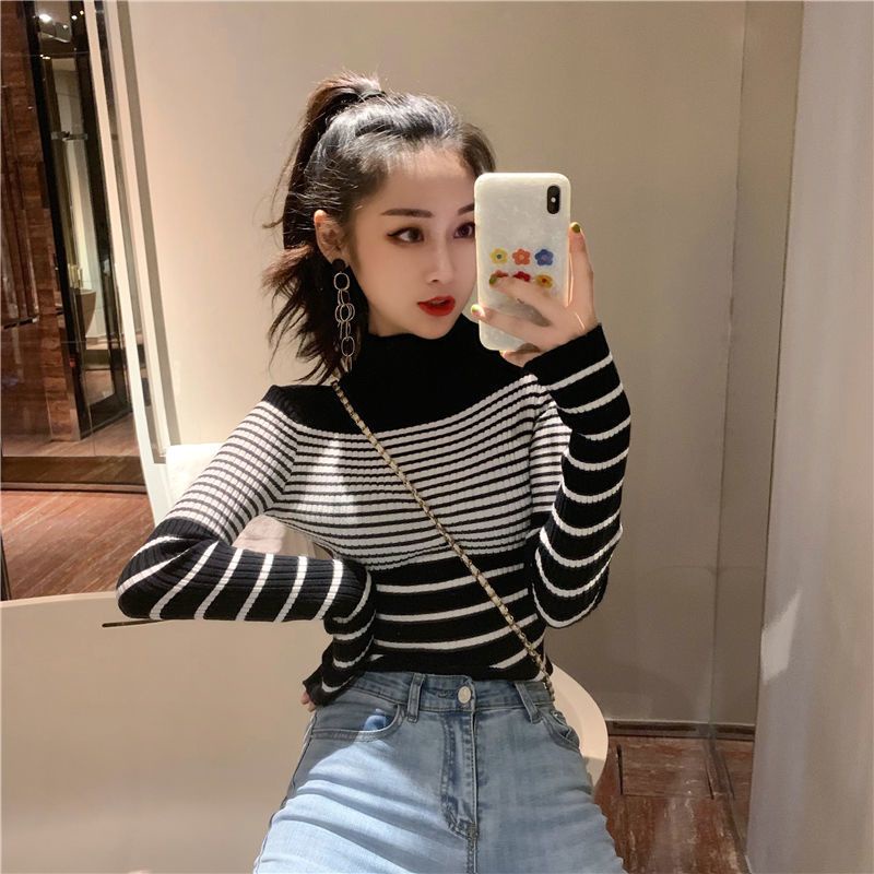 Musim Gugur Retro Bergaris Warna Kontras Kerah Tinggi Pullover All-Match Lengan Panjang Sweter Rajutan Wanita Slim Slim bottoming Kemeja Trendi