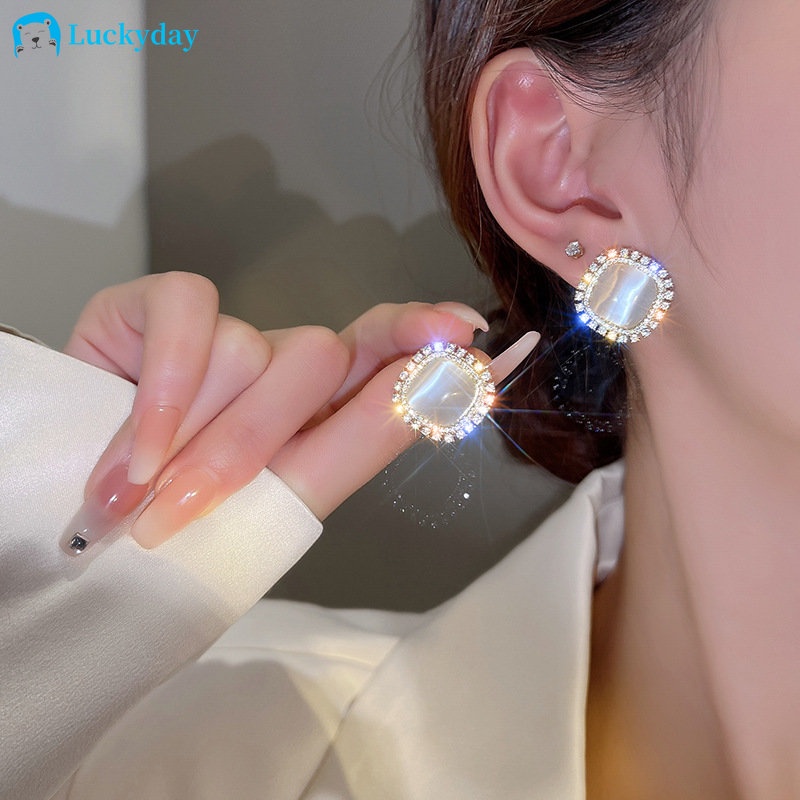 YEEZII Anting Tusuk Sterling Silver 925 Desain Persegi Hias Zircon Opal Untuk Wanita