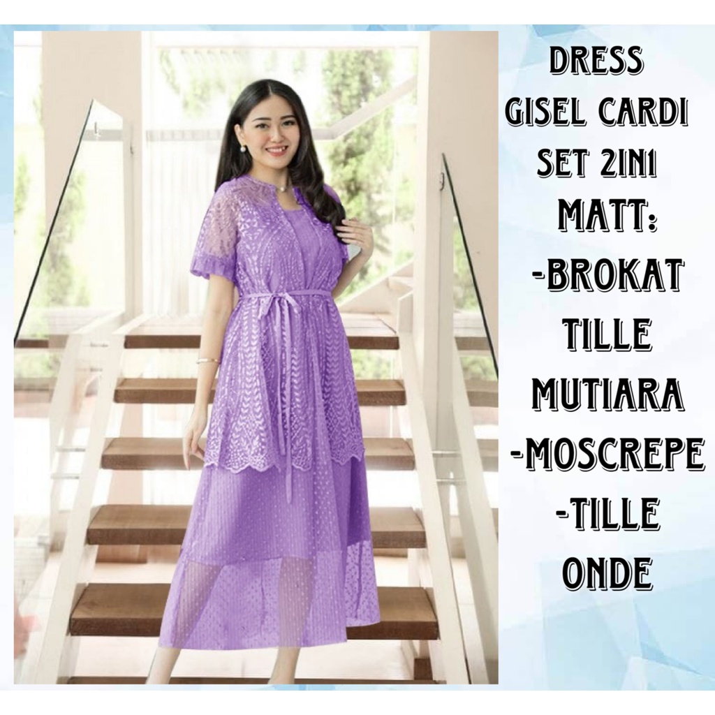 Dress Wanita Terbaru Casual Midi Brokat Tille Mutiara Terbaru/Dress Gisel Cardi Set 2in1 Size L dan XL Matt Tille Mutiara Mix Moscrepe/Dress Gricia Cardi 2in1/Good Quality