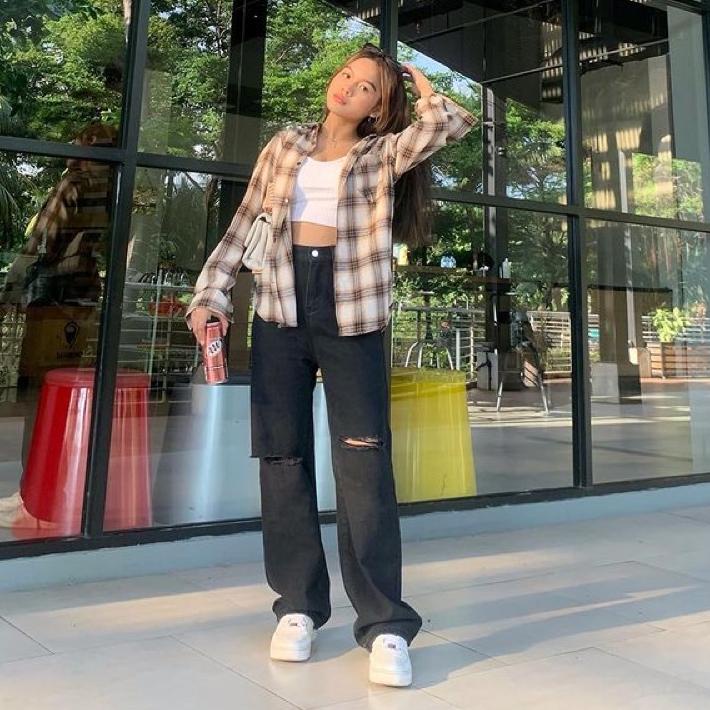 NEW PRODUCT Highwaist Kulot Jeans Wanita Loose Ripped Sobek Lutut Celana Panjang High Waist Boyfrien