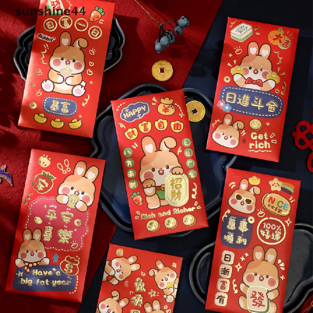 Sunshine 6Pcs Amplop Angpao Tahun Baru Cina / Imlek 2023 Motif Kartun Kelinci Warna Merah