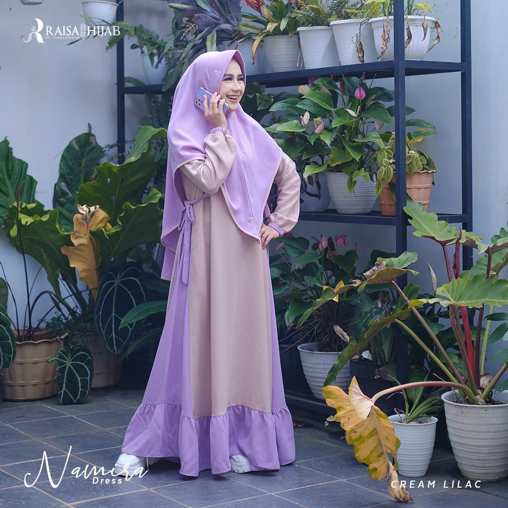 NAMIRA DRESS ONLY CREAM LILAC L by RAISA HIJAB/GAMIS POLOS/GAMIS MURAH