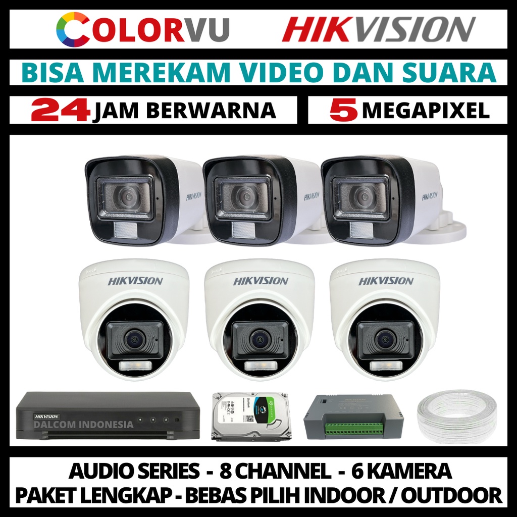 PAKET CCTV HIKVISION COLORVU 5MP 8 CHANNEL 6 KAMERA COLORFUL