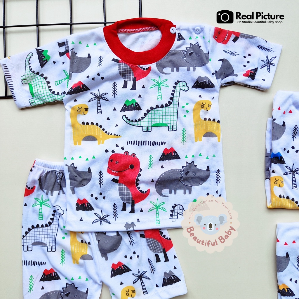 Baby.ou - Setelan Baju Bayi Lengan Pendek Celana Pendek SNI 3-12 Bulan Motif Dinosaurus / Setelan Harian Bayi Kazuka / Baju Bayi Pendek / Setelan Pendek Bayi