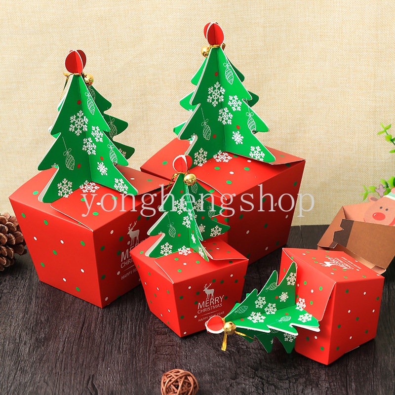 5pcs / set Kotak Permen / Cokelat Bentuk Pohon Natal 3D Dengan Lonceng Untuk Hadiah Pesta Tahun Baru