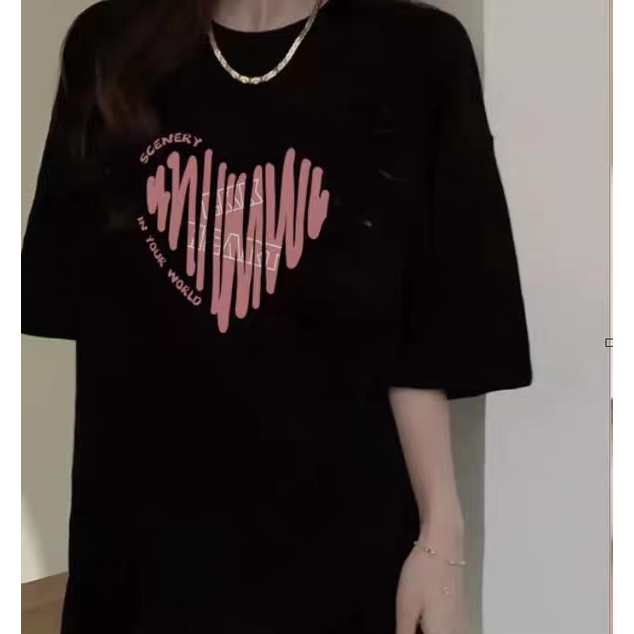 EUNII T-shirt Lengan Pendek Cartoon Graffiti Love Heart Korean Style/Kaos Atasan Wanita/Baju Kaus Oversize Wanita