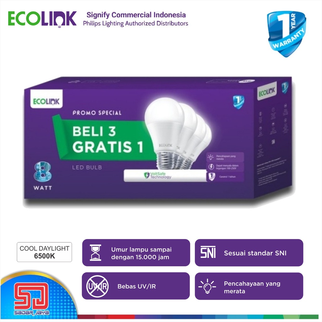 Paket Beli 3 Gratis 1 ECOLINK Lampu 8W LED 8Watt Bulb Bohlam 8 Watt - 6500K Cool Daylight Putih