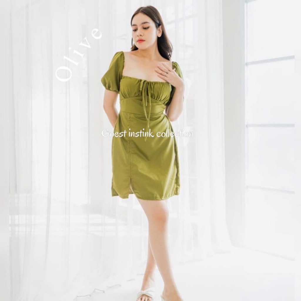 Mini Dress Korea Style Olive Dress Lengan Pendek Dress Tali Ikat Size Jumbo