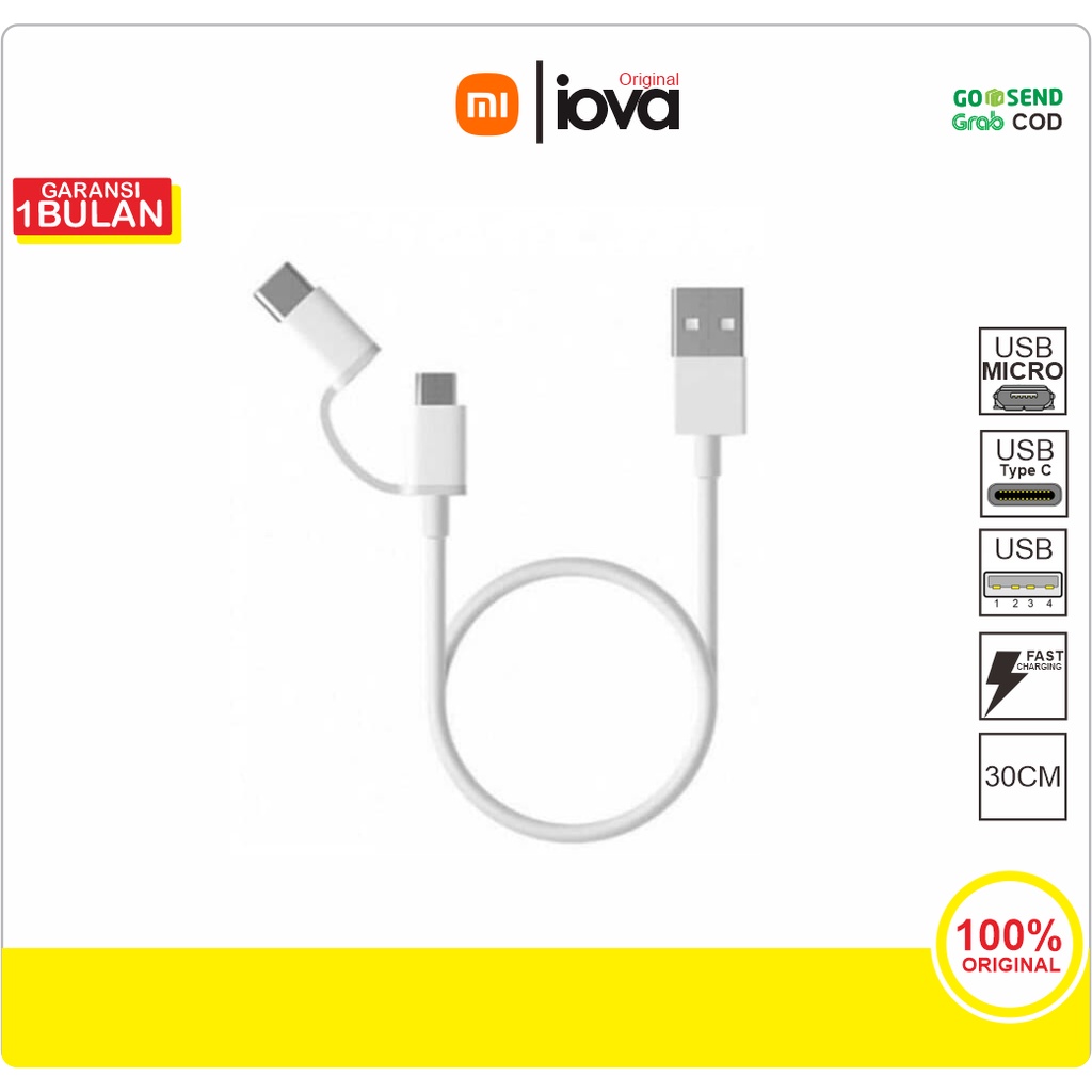 Kabel Data Powerbank pendek xiaomi 2 in 1 micro usb type C 20cm / 30cm