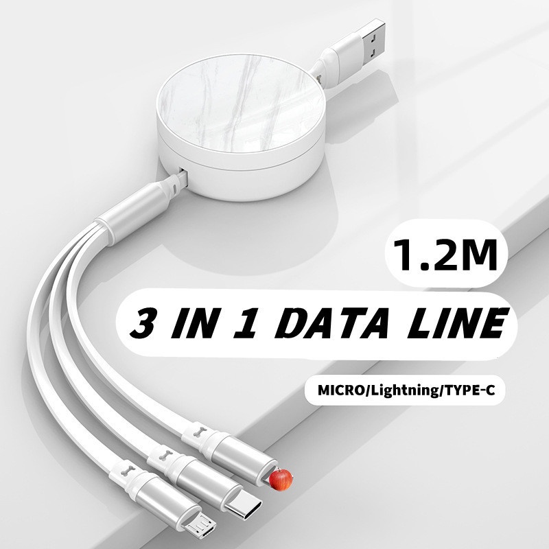 Kabel Data / Charger 3 IN 1 66W 6A Fast Charging Model Tarik Warna Putih Untuk Handphone