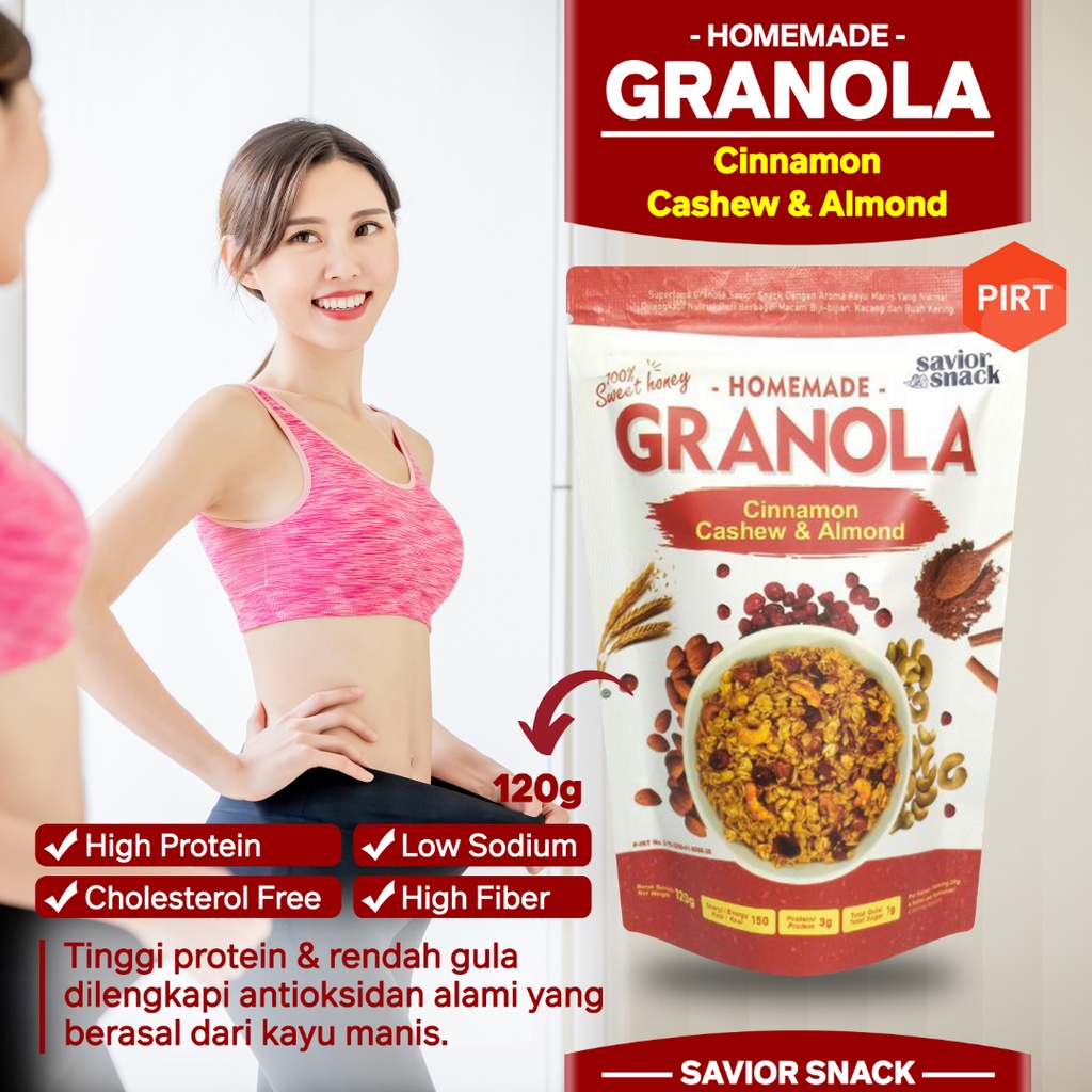 Cemilan Sehat Untuk Diet GRANOLA CRUNCHY CINNAMON CASHEW &amp; ALMOND Makanan Diet Rendah Kalori SAVIOR SNACK Sereal Sehat, Sarapan Praktis, Makanan Pengganti Enak Bergizi Tinggi Nutrisi