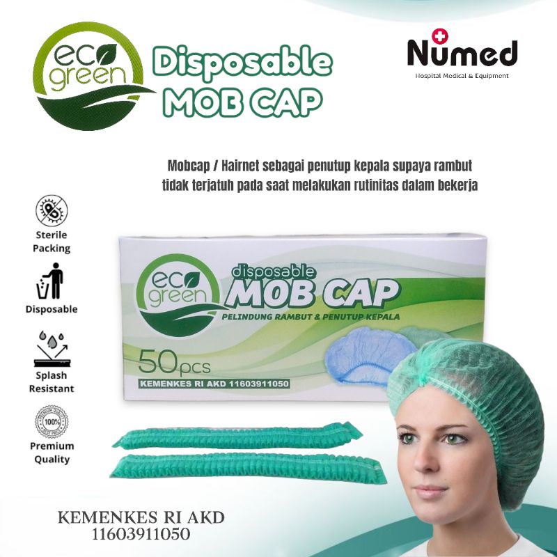 Eco Green Hairnet Disposable Mob Cap Pelindung Rambut dan Penutup Kepala / Nurse Cup / Hair Cap