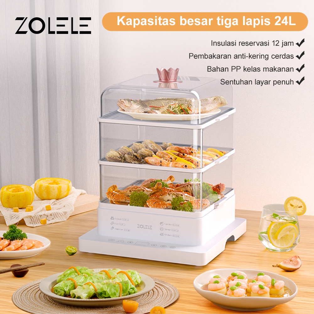 ZOLELE Electric Food Steamer Kukusan 24L 3-Layer Panci Listrik Serbaguna Besar 3 IN 1 Pengukus Masakan Cooker Pot Tempat Penghangat Anti Kotor Penyimpanan Makanan Dapur Rak Susun Portable Kitchen ZM100