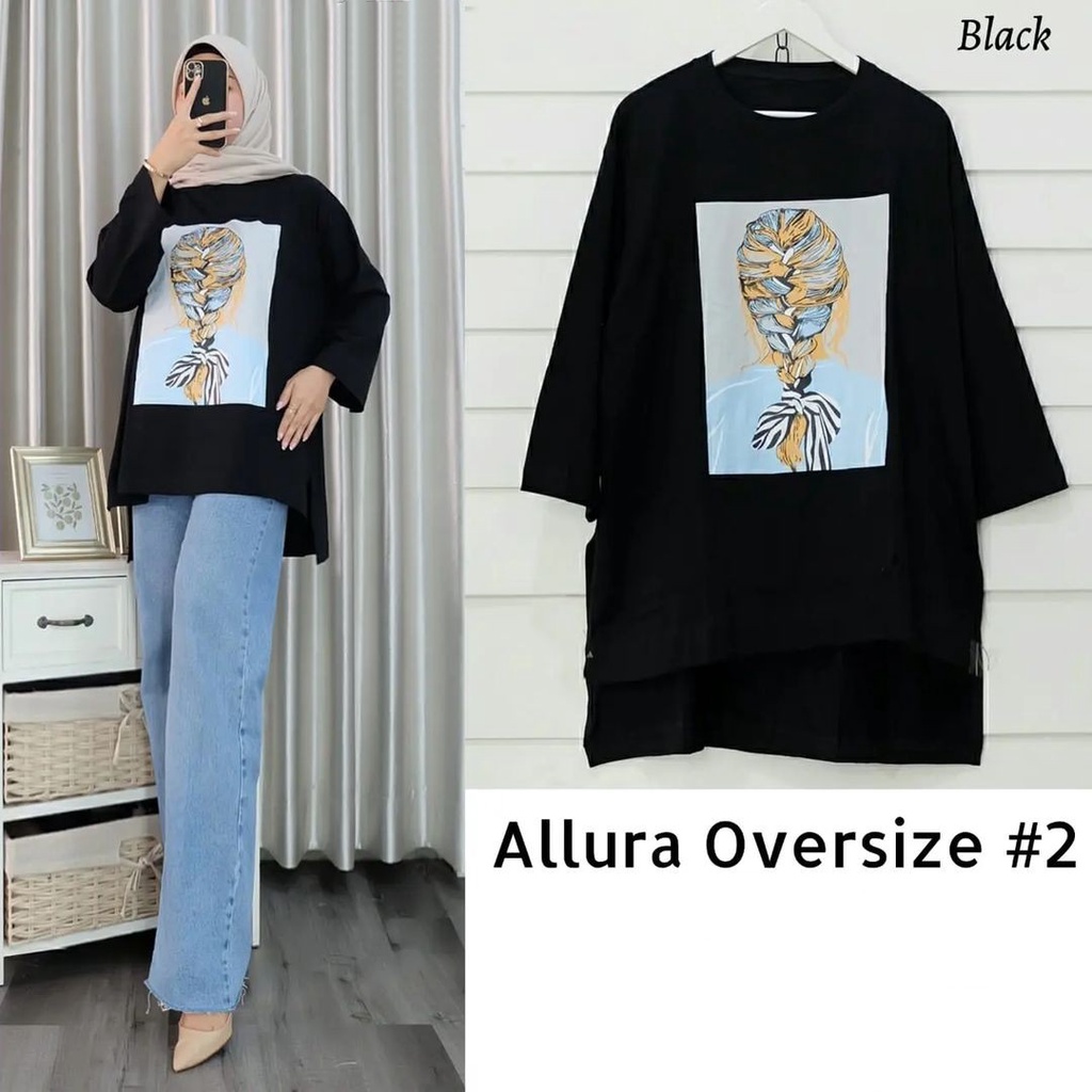 Blouse Wanita korea ALLURA Blouse  #2 Bahan Kaos katun combed Aplikasi sablon Ukuran s - xxxl Kaos oversize wanita Baju atasan wanita korean style Blouse wanita jumbo warna hitam