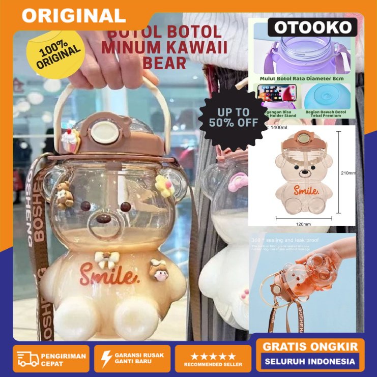 botol minum 1 liter 2 liter viral Kawaii Bear Straw Bottle Beruang 3D Transparan 1400 Liter