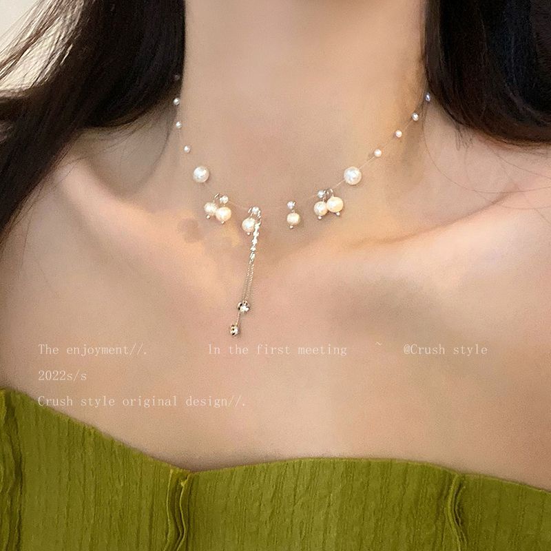 Suhao mutiara kalung rumbai wanita musim panas cahaya mewah desain high-end rasa niche kalung 2022 tren aksesoris rantai tulang selangka baru