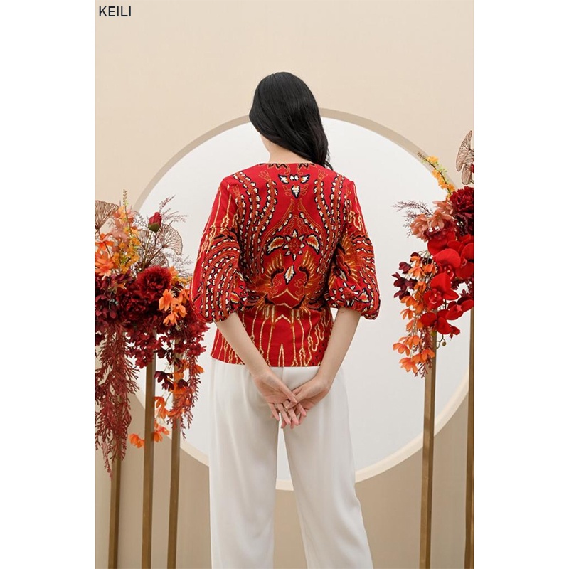 Evercloth Keili Jaket Wanita Batik VM Jacket Wanita Jaket Batik Lengan Balon Puff Outer Lengan Panjang Rompi Wanita Jumbo Luaran Batik Couple Seragam Set Merah Red Natal Imlek CNY