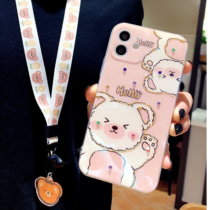 Case Desain Beruang Pink Emas Untuk IPhone 12 13 11 Pro Max X Xs Max Xr