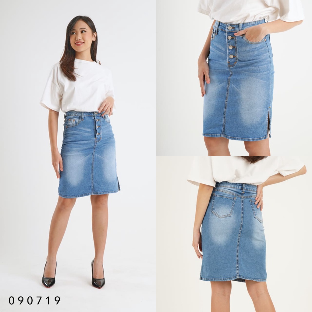 Rok Jeans Wanita Cewek Stretch Kancing 4 Bigsize Jumbo Belah Samping Midi Skirt