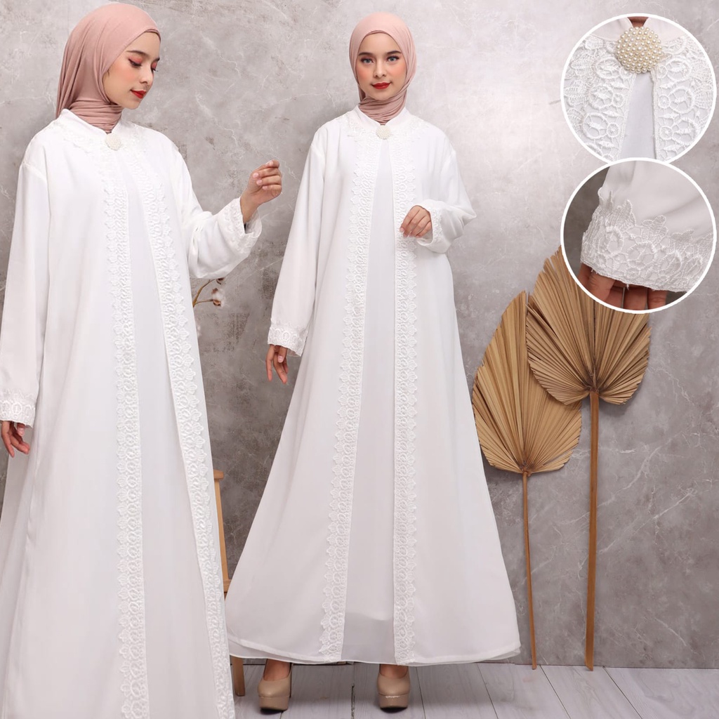 KKUM OFFICIAL Gamis Putih JUMBO Baju Lebaran Umroh Haji Busana Muslim Hijab Dress Brukat AGNES Wanita Terbaru