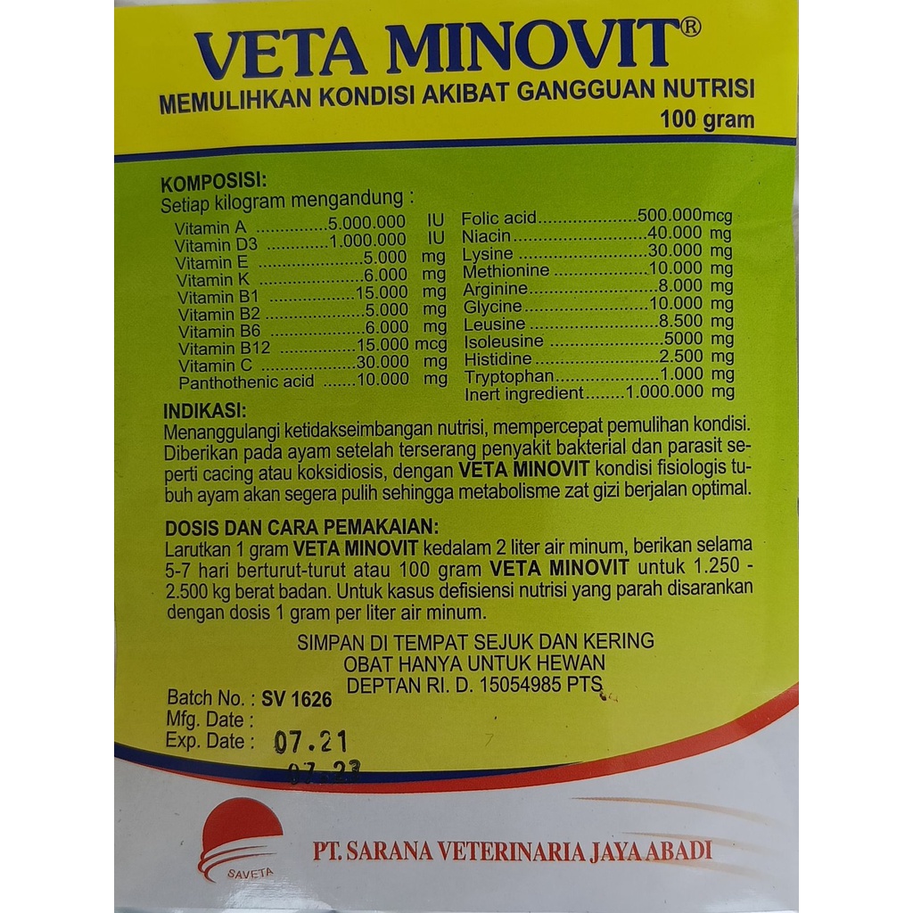 VETA MINOVIT 100 GR VITAMIN HEWAN ASAM AMINO - like Aminovit