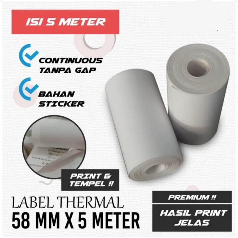 

Label Stiker Thermal 58mm x 5 Meter/ Kertas Sticker 58x30mm Paket 10 Roll